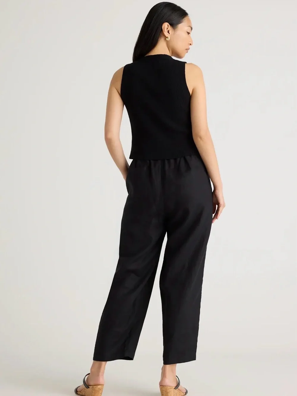 Quince 100% European Linen Black Elastic-Waist Casual Pants